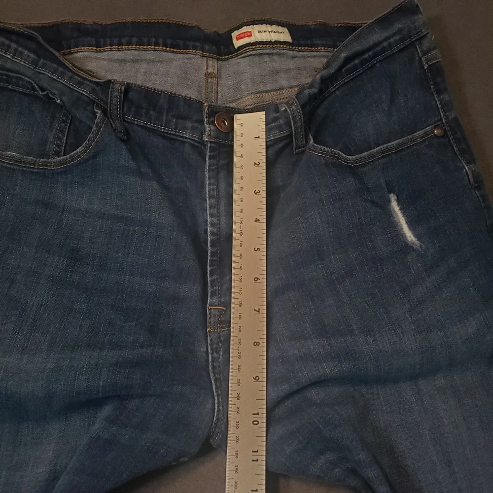Wrangler Slim Straight Jeans Mens 38x30 Blue Distressed Stretch Denim